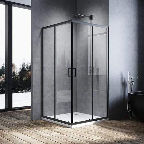 SUNXURY Duschkabine Eckeinstieg 80 x 120cm Schiebetüre, Komplette Duschkabine mit Schiebetür aus 5 mm Sicherheitsglas (ESG) Höhe: 195cm Schwarzer Rahmen