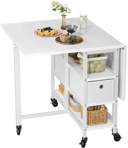 YITAHOME Tavolo da pranzo pieghevole, mobile con 6 ruote e cassetti, per piccoli spazi, cucina, sala da pranzo, bianco