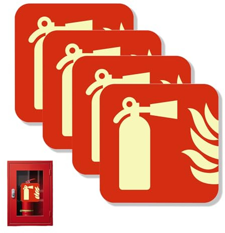 VYNZOR 4 Stück Feuerlöscher Schild Selbstklebend, Nachleuchtend Hinweisschilder aus PVC mit Piktogramm, 10x10 cm Aufkleber für Haus, Büro und Werkstatt, Wetterfest und Langlebig, Einfache Montage