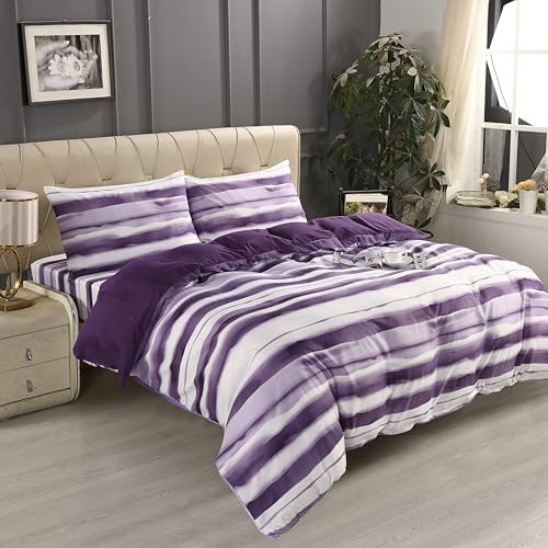 Textile Home Home Décor Purple Stripe Super King Bedding Set 4 Piece - Premium Silky Microfibre Duvet & Sheet Set