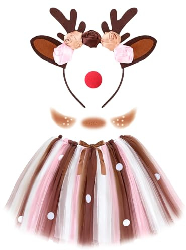 KMLGY Reindeer Costume Accessories - Reindeer Antler Headband Nose Deer Face Tattoo and Tutu Skirt for Christmas Fancy Dress Outfits (A3)