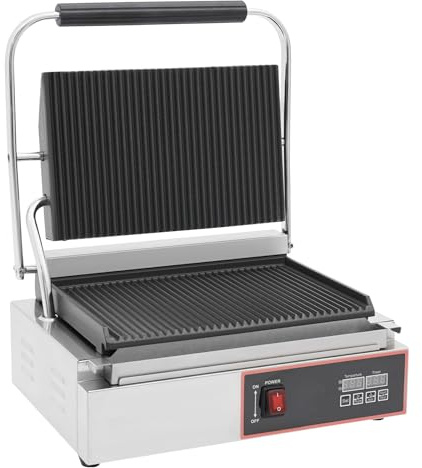 Barbecue électrique de contact - 2200 W - Appareil à croque-monsieur électrique professionnel avec affichage LED et minuterie des minutes - Pour sandwichs, steaks, légumes