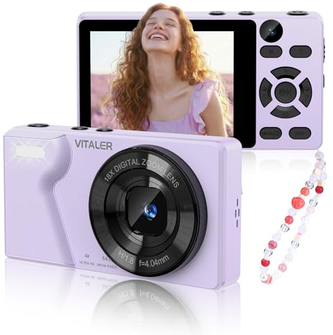 Cámara Digital 64MP 4K Cámara de Fotos Compacta con Doble Lente,Pantalla LCD 2,8 Pulgadas,Batería de 2000 mAh,Carcasa de Aleación de Zinc y Zoom Digital 18X para Niños y Adultos(Morado,SIN Tarjeta SD)