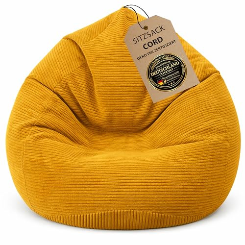 BuBiBag Premium Sitzsack Cord XXL – Fertig befüllt & Oeko-Tex Zertifiziert – Kratzfester Breitcord Gaming Sessel – Robuster Bean Bag für Kinder & Erwachsene – Pflegeleicht (Senfgelb 120x95cm)