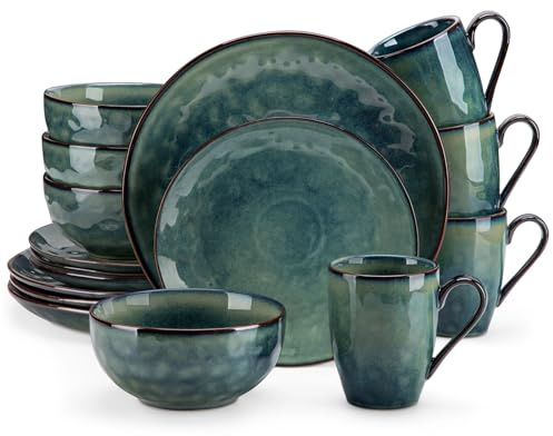 Ceramic Dish Sets Service 16/32/48-Piece Starry Green Dinner Red Set Kiln Change Glaze Tableware with Plate,Dessert,Bowl,Mug(32-PCS Green)