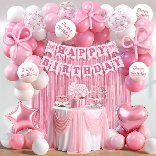 Pink Birthday Decorations for Girls, 52 pcs Pink White Party Decorations