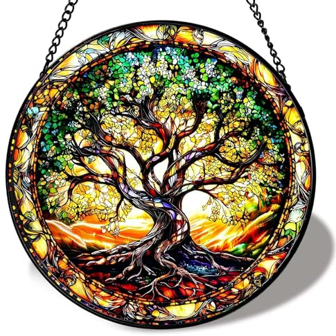 Sonnenfänger Glas, Suncatcher mit Lebensbaum Muster, Gemalt Sonnenfänger Fenster, Fensterdeko Hängend mit Kette, Fensterdeko zum Hängen, Sun Catcher für Wohnzimmer Garten und Kinderzimmer, Geschenk