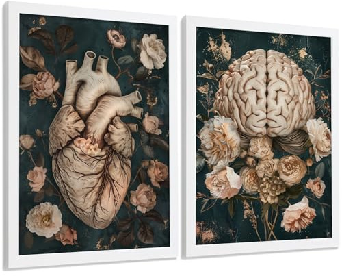 Nacnic Set Di 2 Stampe Anatomia Umana Poster E Quadri Con Cuore E Cervello Illustrazione Floreale Sofisticata Sfondo Verde Decorazione Da Parete Medica Dimensione A3 Cornice Bianca