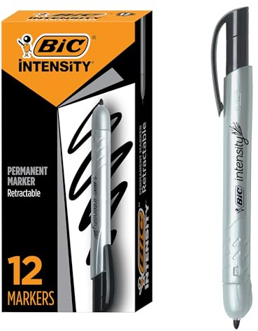 BIC Intensity Retractable Permanent Markers, Fine Bullet Tip, Black, 12-Count Pack, Permanent Markers for Teachers and Office Supplies