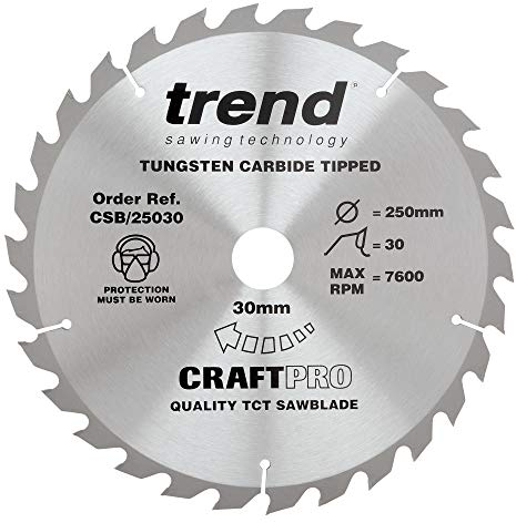 Trend Holz Kreissägeblatt, 250mm Durchmesser, 30mm Bohrung, 30 Zähne, HW, 3mm Schnittbreite, +15° Haken, CSB/25030