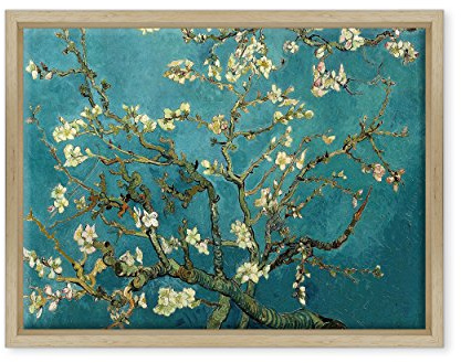 ConKrea - Quadro su Tela Canvas INTELAIATO - con Cornice - Ramo di MANDORLO Fiorito per Van Gogh - 30x40cm - Stile Moderno Legno Naturale - (cod.296)