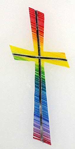 Wachsmotiv Kreuz, Regenbogen mit silberfarbigen Wachsstreifen, 11 x 5 cm | Wachskreuze für Kerzen, Zum Kerzen gestalten und basteln, Artikelnummer 9694