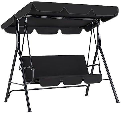 YODOLLA 3-Sitzer Hollywoodschaukel mit verstellbarem Vordach, Gartenschaukel mit abnehmbarem Kissen und Schatten mit Anti-Rutsch-Füßen, 172x112x150 cm, Verandaschaukel für Garten, Poolside (Schwarz)