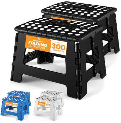 Utopia Home Tabouret Pliant 23 cm, Surface antidérapante Portable pour Enfants et Adultes, Pliable Robuste avec poignée de Transport, capacité de Charge de 136 kg, Paquet de 2, Noir