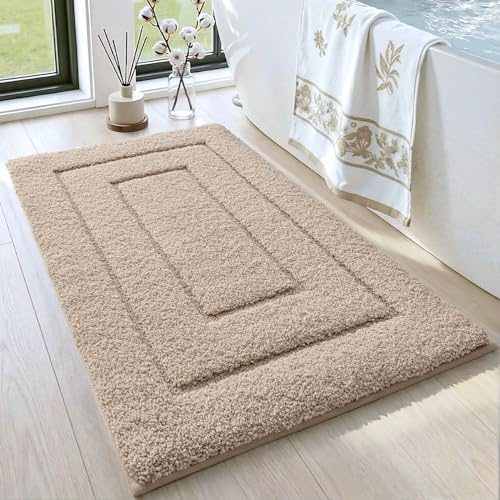 DEXI Halkfri Badmatta, Mjuk Mikrofiber Badrumsmatta, Vattenabsorberande, Maskintvättbar, Extra Tjock Duschmatta för Badrum, 60 x 90 cm, Beige