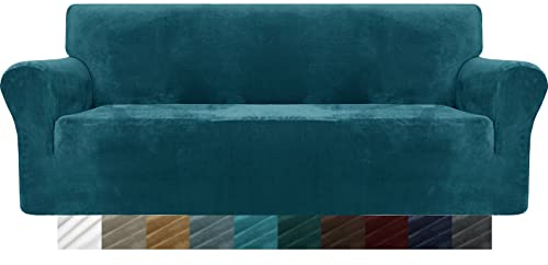 MAXIJIN Thick Velvet Sofa Covers 3 Seater Super Stretch Non Slip Couch Cover for Dogs Cat Pet Friendly 1-Piece Elastic Furniture Protector Plush Sofa Slipcovers (3 Seater, Blackish Green)