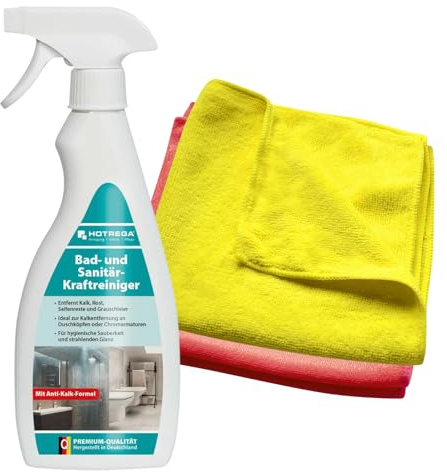 HOTREGA Badreiniger 500ml | Sanitär-Kraftreiniger mit Schmutzblocker | Kalklöser für Dusche & Waschbecken | Inklusive 2 Microfasertücher | Gegen Rost, Seifenreste & Bakterien