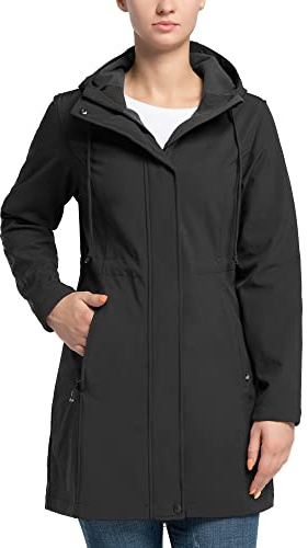 33,000ft Veste de Softshell Longue légère et imperméable pour femme, À Capuche Veste de pluie, Veste fonctionnelle coupe-vent, Activites En Exterieur à pied Randonnée Noir 2XL