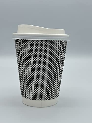 HOT BARGAINS 12oz Disposable Coffee Cups with lids, 360ml Triple Layered Recyclable Paper Cups, Black and White Ripple Design, 100 Count