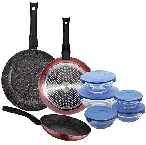 PACK DE 3 SARTENES Ø20/24 y 28 cms + SET DE 5PC DE BOLES CON TAPA AZUL
