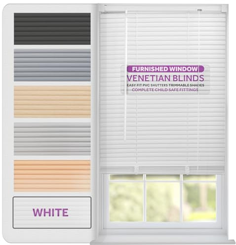 FURNISHED Venetian Blinds Window Venetian Blind Easy Fit PVC Shutters Trimmable Shades for Home Kitchen Windows Treatment Shutters 25mm Slats Complete Child Safe Fittings - White 100W x 150L cm
