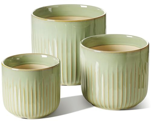 LE TAUCI Keramiska Blomkrukor 21+17,5+15 cm, Set med 3, Ytterkrukor med Dräneringshål, Ribbad Cylindrisk Design, för Svärmorstunga, Monstera och Inredning, med Nätinsats, Salviagrön