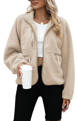 Yanekop Womens Fleece Jacket Fuzzy Long Sleeve Short Winter Coats Button Down Sherpa Jacket Outerwear with Pockets(A Apricot,M)