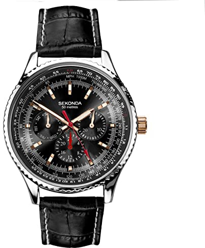 Sekonda Maverick Men’s 43mm Quartz Watch in Black with Analogue Display, and Black Leather Strap 30036