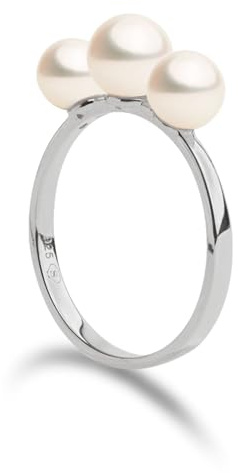 Secret & You Anillo de Tres Perlas Cultivadas de Agua Dulce Redondas de 5,5 a 6,5 mm de Mujer Anillo de Plata de Ley 925 bañada en Rodio u Oro Vermeil - 3 tallas