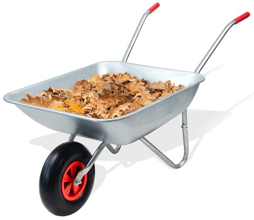 Crystals 65L/100KG Wheelbarrow Heavy Duty Galvanised - Home Garden Cart with Pneumatic Tyre - (80L x 60W x 60H) cm Silver