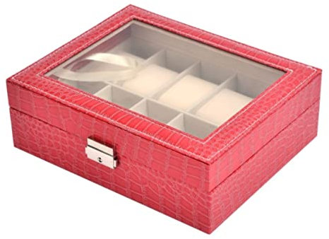 VONGAZ Uhrenbox Uhrenschatulle Uhrenhalter Uhrenetui Uhrenbox Mit 10 Fächern, Abschließbar, Aus PU-Leder, Mit Transparentem Deckel Uhrenkoffer Uhrenrolle ( Blue : Fuchsia , Size : 25*20*8cm )