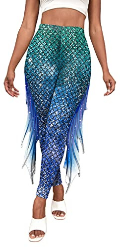 ORANDESIGNE Damen Meerjungfrau Leggings mit Flossen Hohe Taille Fischschuppen Strumpfhosen Halloween Karneval Kostüm Skinny Hose Mermaid Trousers Schuppenmuster Leggings