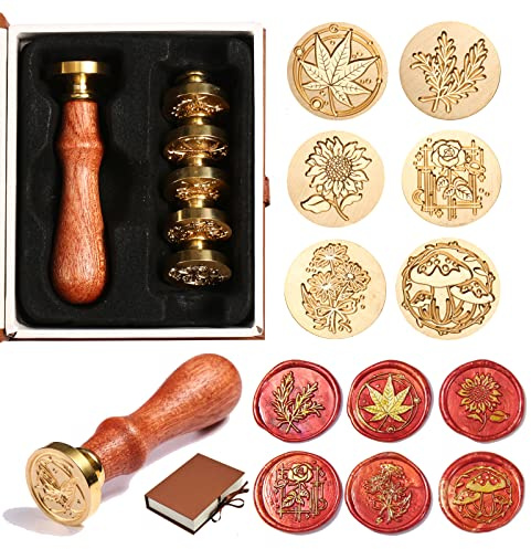 Comealltime Wachssiegel Set - 6 Kupfer Siegel Mit Abnehmbarem Holzgriff (Rose, Weizen, Sonnenblume, Gänseblümchen, Pilz, Ahorn) für DIY Umschläge Dekor (Plant)
