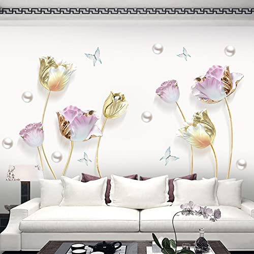 Runtoo Wandtattoo Blumen Groß XXL Wandsticker Lotusblume Gold Wandaufkleber Wohnzimmer Schlafzimmer Kinderzimmer Babyzimmer Flur Wanddeko