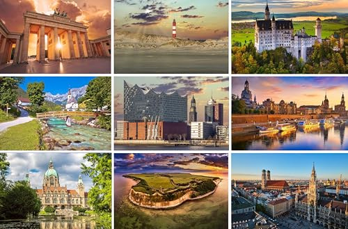 Postkarten-Set Deutschland - 9 Grußkarten / Ansichtskarten / Karten | Fotos Bilder Brandenburger Tor Berlin Elbphilharmonie Hamburg Schloss Neuschwanstein Bayern - Rügen München Hannover Dresden