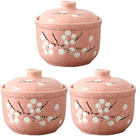 Cocotte avec couvercle, marmite en céramique, cocotte en céramique, bol de ballon 3 pièces, crème aux œufs maison for cocotte en porcelaine, couvercle en céramique (couleur : rose x 3 pièces, taille :