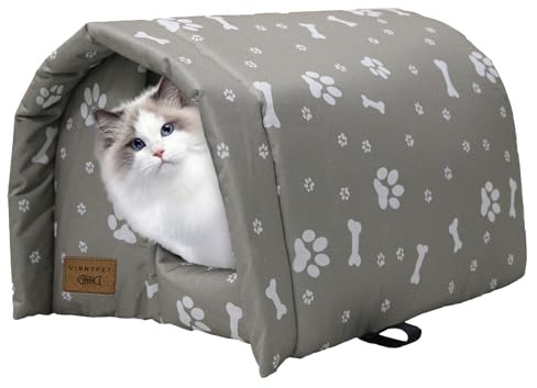 Vinnypet Katzenhöhle Für Draußen Wasserdicht Und Warm | Faltbare Katzenhaus mit Plüschkissen Weich Hundehöhle Tierheim Für Streuner Haustiere 54x42x36cm