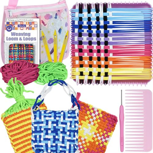 Artcome Pot Holder Weaving Loom Kit with 400 Weaving Loops of 10 Colors, Metal Crochet Hook, Shuttle, Weaving Comb, Storage Hand Bag - Potholder Loom Kit for Girls and Adults (Pink)