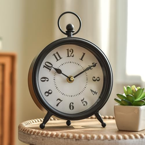 MICWIC Vintage Non-Ticking Black Table Clock with Stand, Decorative Clock for Desk and Shelf, Rustic Farmhouse Style Mantel Timepiece