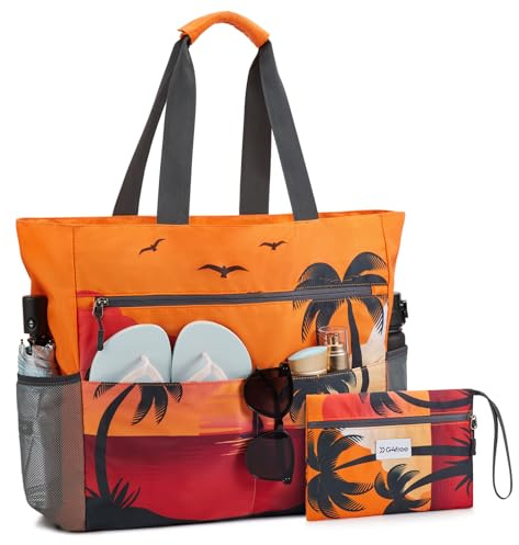 G4Free Grande borsa da spiaggia pieghevole da donna, con tasche con cerniera, impermeabile, borsa per la spesa, per viaggi, piscina, vacanze, palestra (motivo tramonto)
