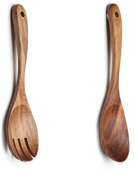 Fleymu Salatbesteck Holz, 2 Stücke Salatbesteck Olivenholz, Salatlöffel Gabel Holz, Küchenhelfer Set Holz,Kochlöffel Holz, Holz Olivenholz Küchenutensilien für Salat, Pasta, Obst
