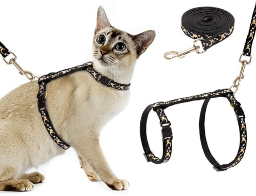 Katzengeschirr mit Leine verstellbar Reflektierendgeschirr für Katze ausbruchsicher Brustgurt mit Sicherheitsschnalle Cat Harness für Spaziergänge Katzenweste Schwarz für mittel und große Kätzchen