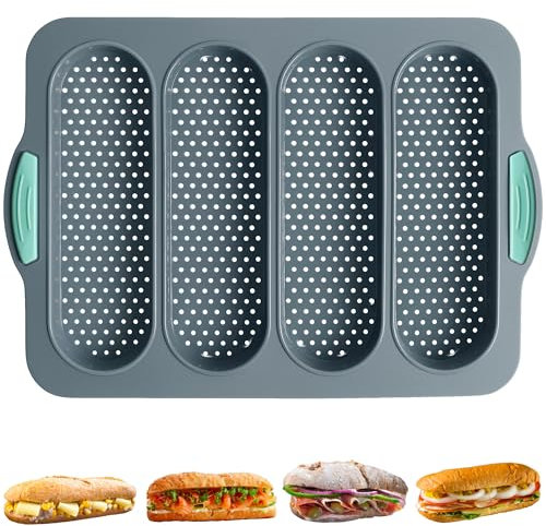 Chicrinum Baguette Bread Pan, Non-Stick Food Grade Silicone Bread Loaf Pan, 4 Cavity Perforated French Bread Baking Pan for Hoagie/Sub/Sandwich Rolls, Gray