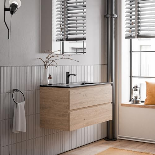 Bernstein Badmöbel-Set Ava 100cm, Waschbecken mit Unterschrank in Eiche honiggelb, Keramik-Waschbecken in Schwarz matt mit einem Hahnloch, Ideal für mittel große Bäder