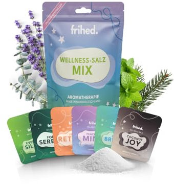 frihed.® Wellness Salz Mix - Salzpeeling für Männer und Frauen - Dusch- und Körperpeeling für Sauna, Dusche & Badewanne - 6 verschiedene Düfte - Geschenkidee für Aromatherapie