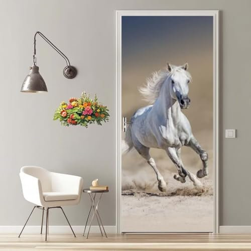 Türtapete Selbstklebend 90X200 Türaufkleber 3D Türfolie Selbstklebend Weißes Pferd Klebefolie Tür Türposter Tür Folie PVC Wasserfest Wandbild für Schlafzimmer Wohnzimmer Tür Dekoration Tapete -MT37