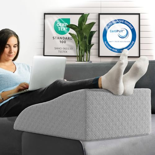 ELONEO Venenkissen Beinhochlagerungskissen aus Memory Foam, Beinkissen zur Entlastung, Lagerungskissen mit abnehmbaren Bezug, 65x40x20 cm, grau