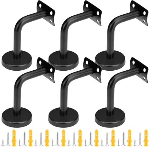 MUKSUET 6 PCS Black Handrail Brackets for Stairs, Heavy Duty Banister Rail Brackets, 60 x 80mm Stainless Steel Handrail Bracket for Wood, Metal, Stairs Banister Rails