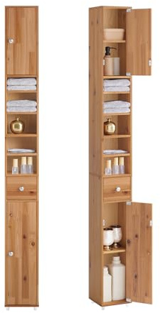 SoBuy Hög Badrumsskåp – Smal Badrumsskåp i Massivt Trä med Justerbara Hyllor – Platsbesparande Badrumsmöbel, Vattenavvisande, Cederträ i Naturfärg, 20 x 180x20cm, BZR34-II-SH