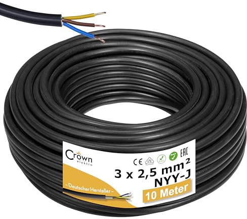 NYY-J 3x2,5mm² 10m Erdkabel Länge am Stück | Elektrokabel Ring für Verlegung im Erdreich & Außenbereich | Kupfer Eindrähtig DIN VDE 0276 Teil 603/627 | Deutsche Markenhersteller